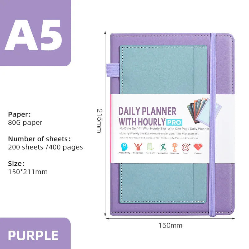 A5 undated notebook with PU leather cover in six colours, open to show flat-lay binding and planning stickers.