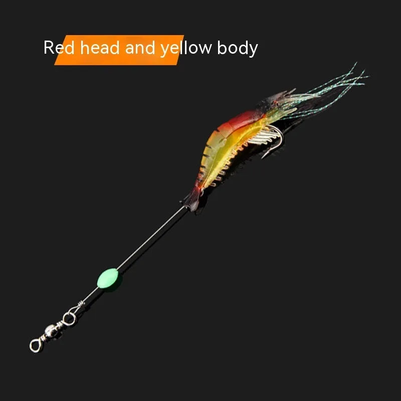 Six soft plastic fishing lures with hooks in various colours including luminous options on a blue background