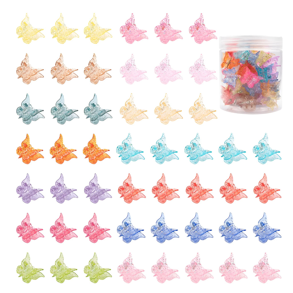 50 glitter mini butterfly hair claw clips in 14 colours on white background