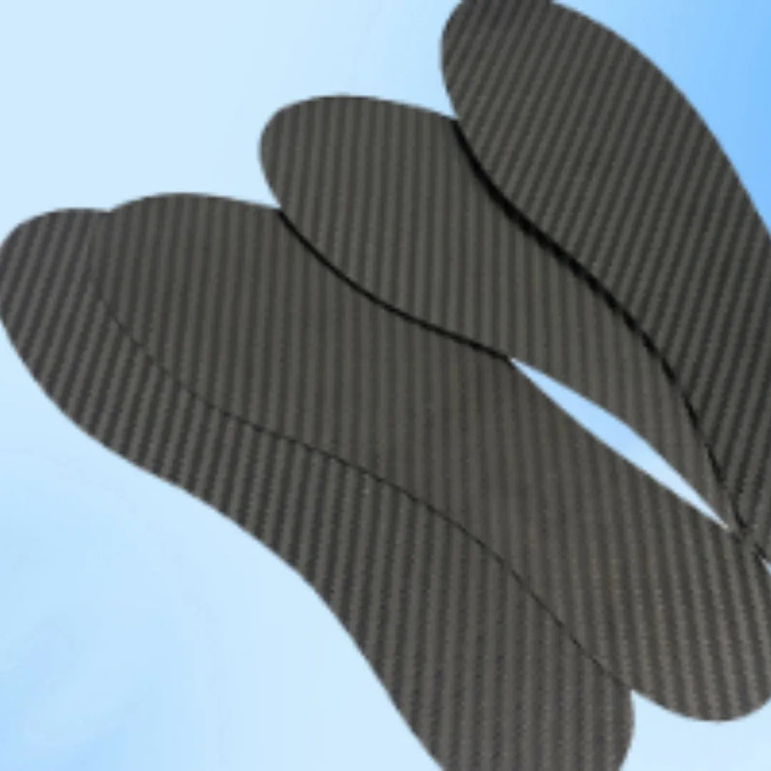 Black 3K carbon fibre running insoles showing full palm coverage and textured surface
