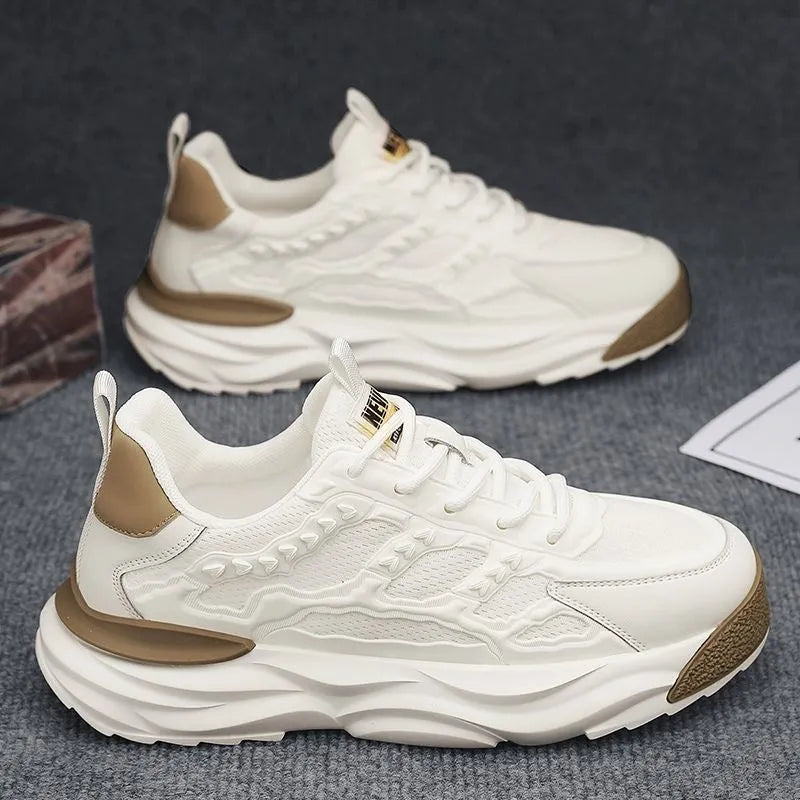 Men's white and black breathable PU mesh casual trainers with round toe.