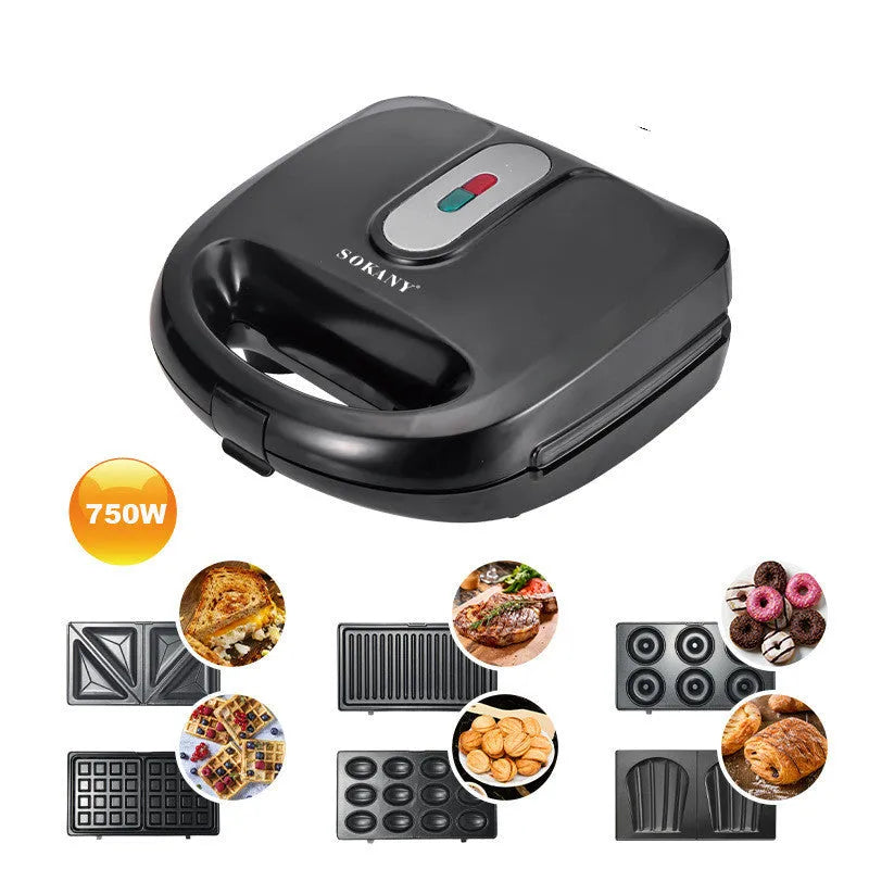 Black double-sided electric sandwich pan with non-stick plates and brushed stainless steel lid