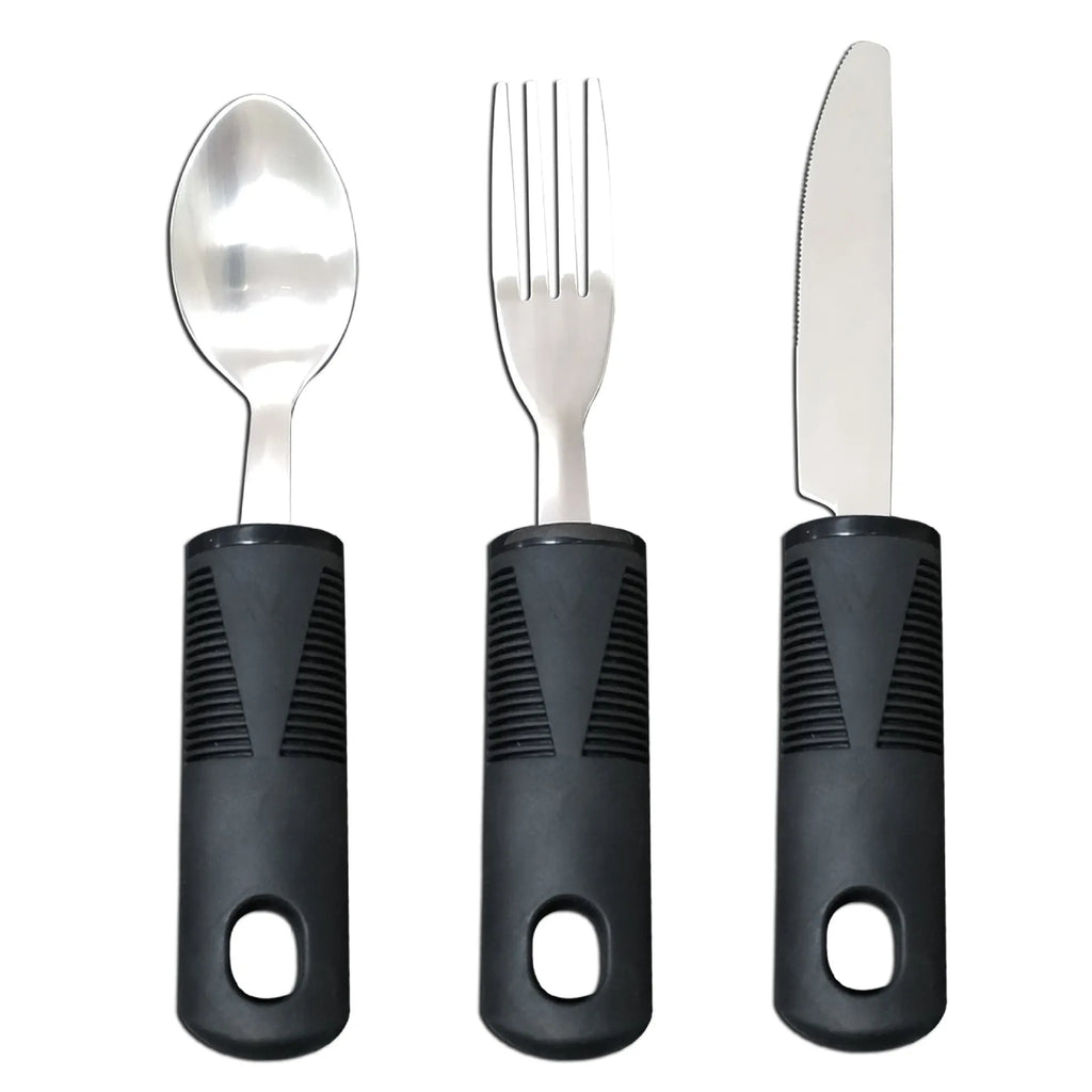 Stainless steel adaptive cutlery set with rubber handles for elderly and rehabilitation eating assistance