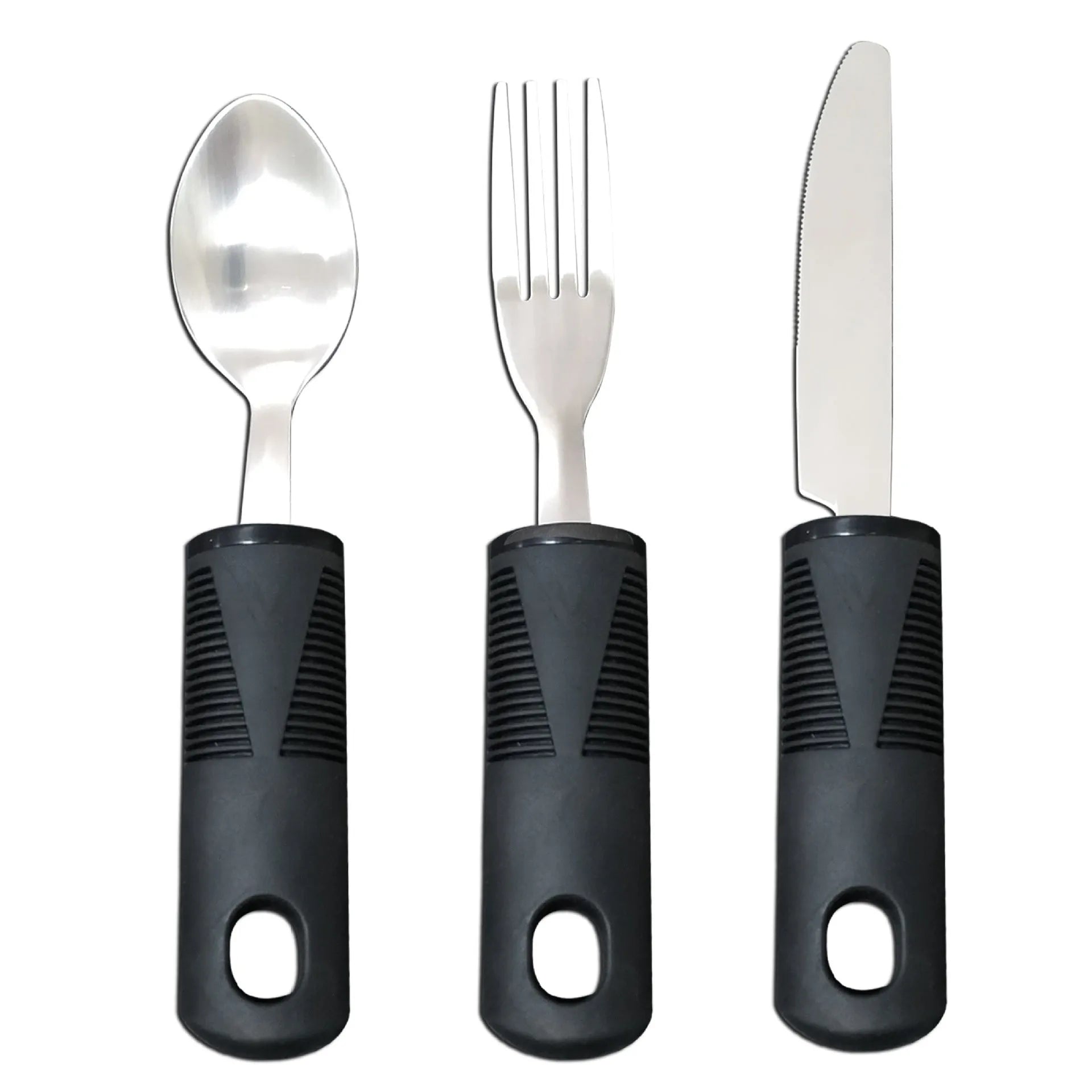 Stainless steel adaptive cutlery set with rubber handles for elderly and rehabilitation eating assistance