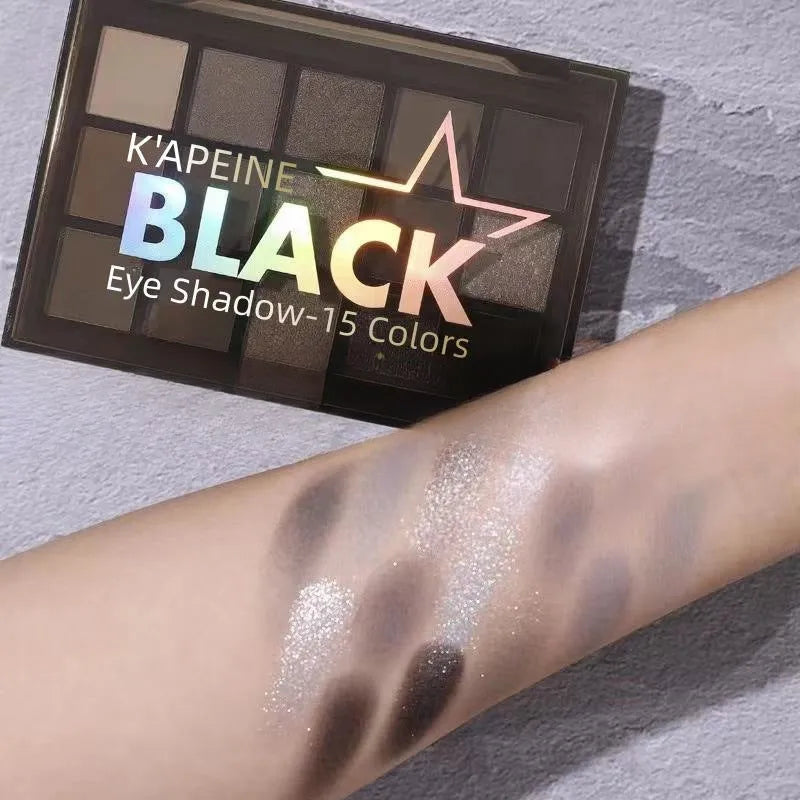 15-colour eye shadow palette showing shimmer and matte finishes in brown, blue and earth tones