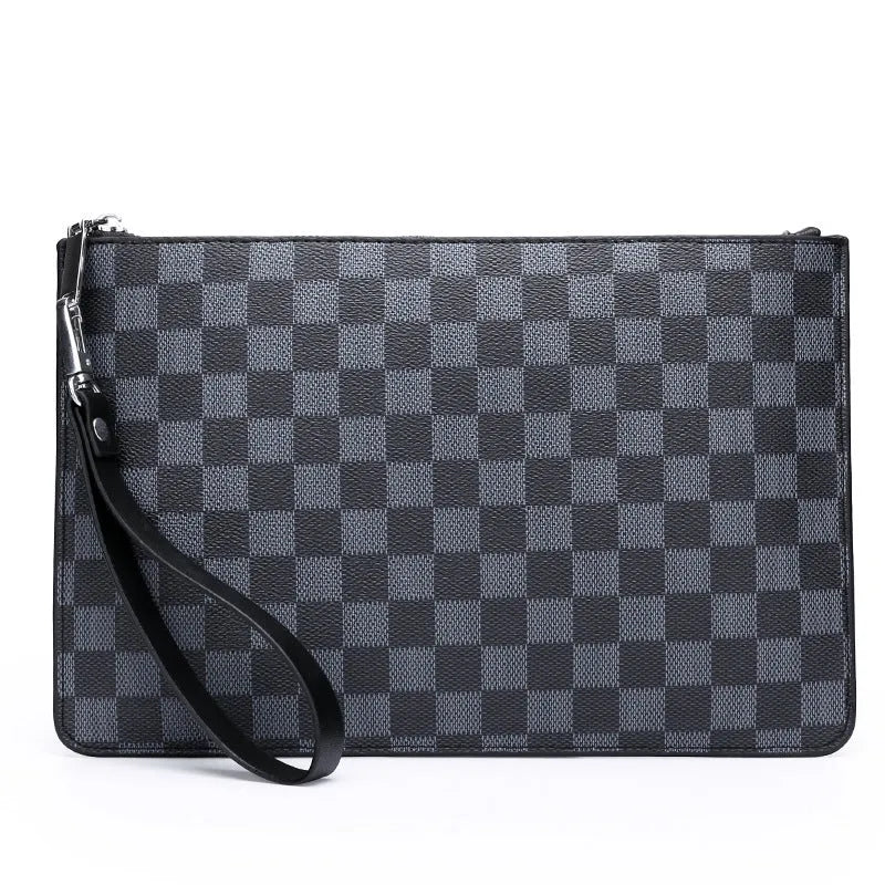 Men's soft PU leather clutch wallet with checkered pattern showing six card slots and zipper pocket