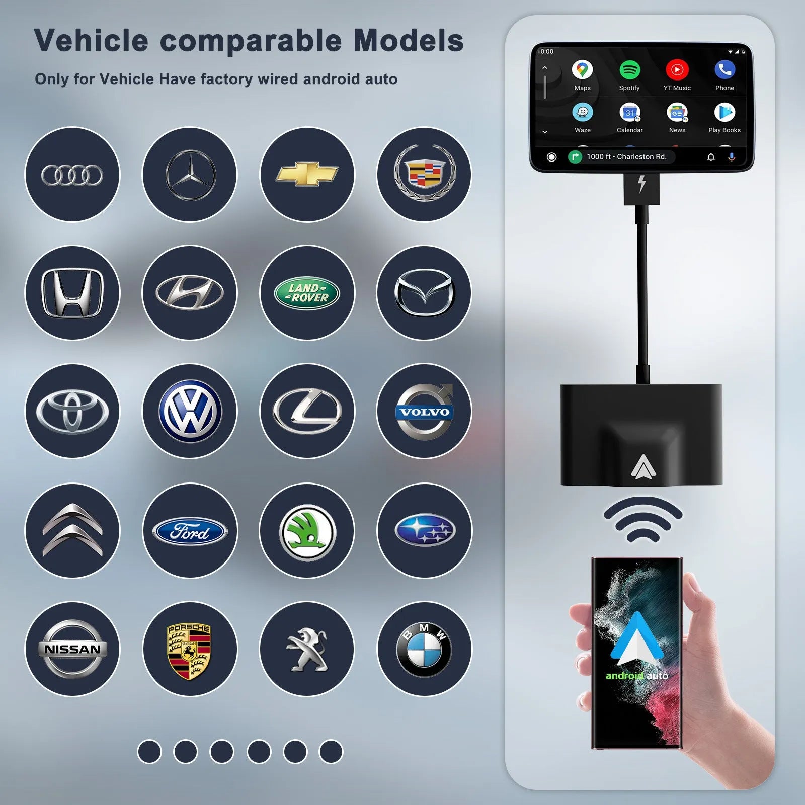 Original THT-020 series wired to wireless Android Auto adaptor for cars with CARPLAY, shown in black and white variants.
