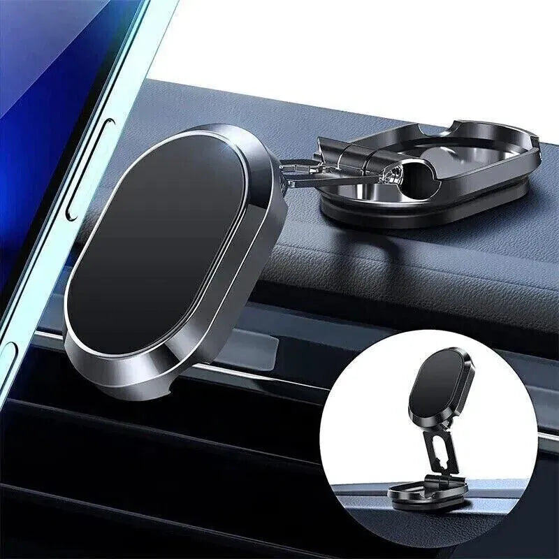 Chrome folding magnetic car phone holder mounted on a dashboard, showing 360-degree rotation.