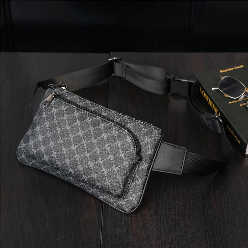 Men's patterned black PU leather waterproof crossbody chest bag with adjustable strap