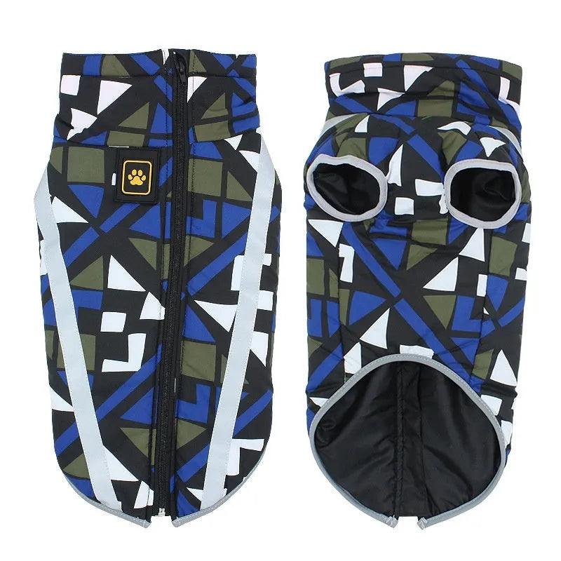 Dog wearing reflective warm shell jacket in geometric blue pattern, polyester construction with European styling