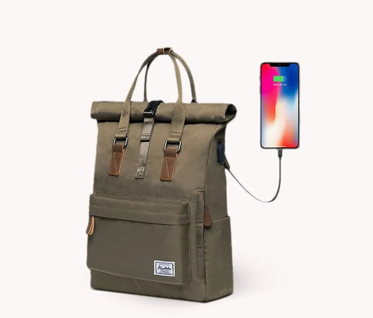 Casual black polyester backpack with cover opening, showing internal laptop pocket.