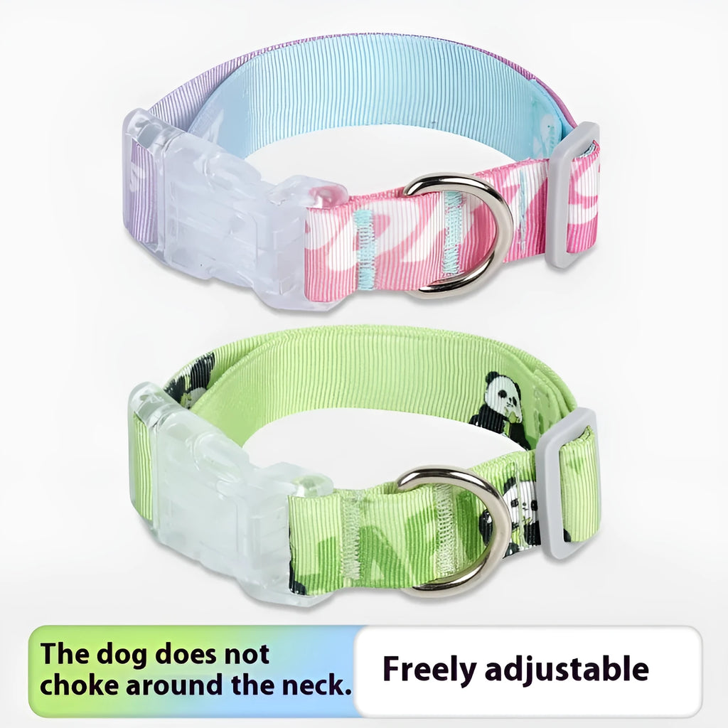 Adjustable nylon dog collar with cartoon gradient printing in gradient colour or panda green, sizes S M L.