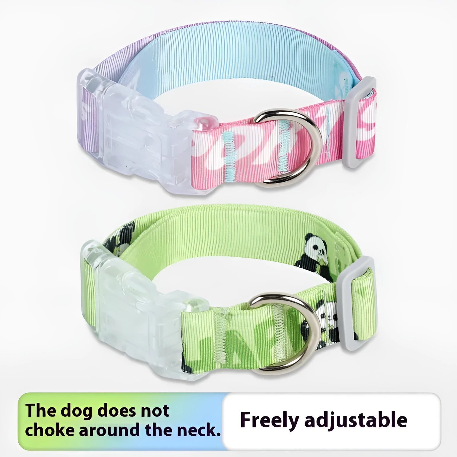 Adjustable nylon dog collar with cartoon gradient printing in gradient colour or panda green, sizes S M L.