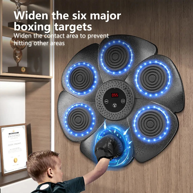 Black plastic boxing target with LED lights and Bluetooth connectivity for indoor training