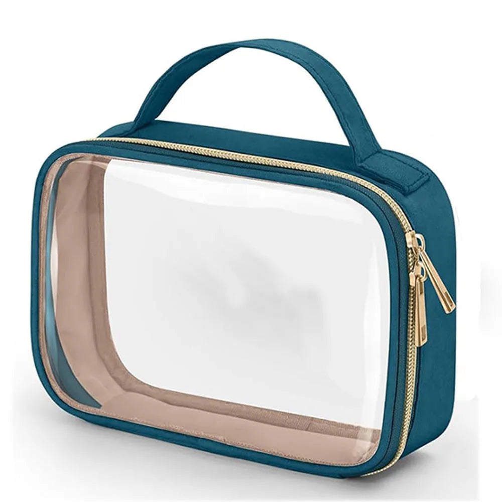 Transparent PVC wash bag with a chain strap in various colours for lipstick and toiletry storage.
