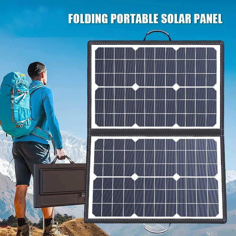 Black folding bag solar panel with 40 watt output and compact 425mm dimensions