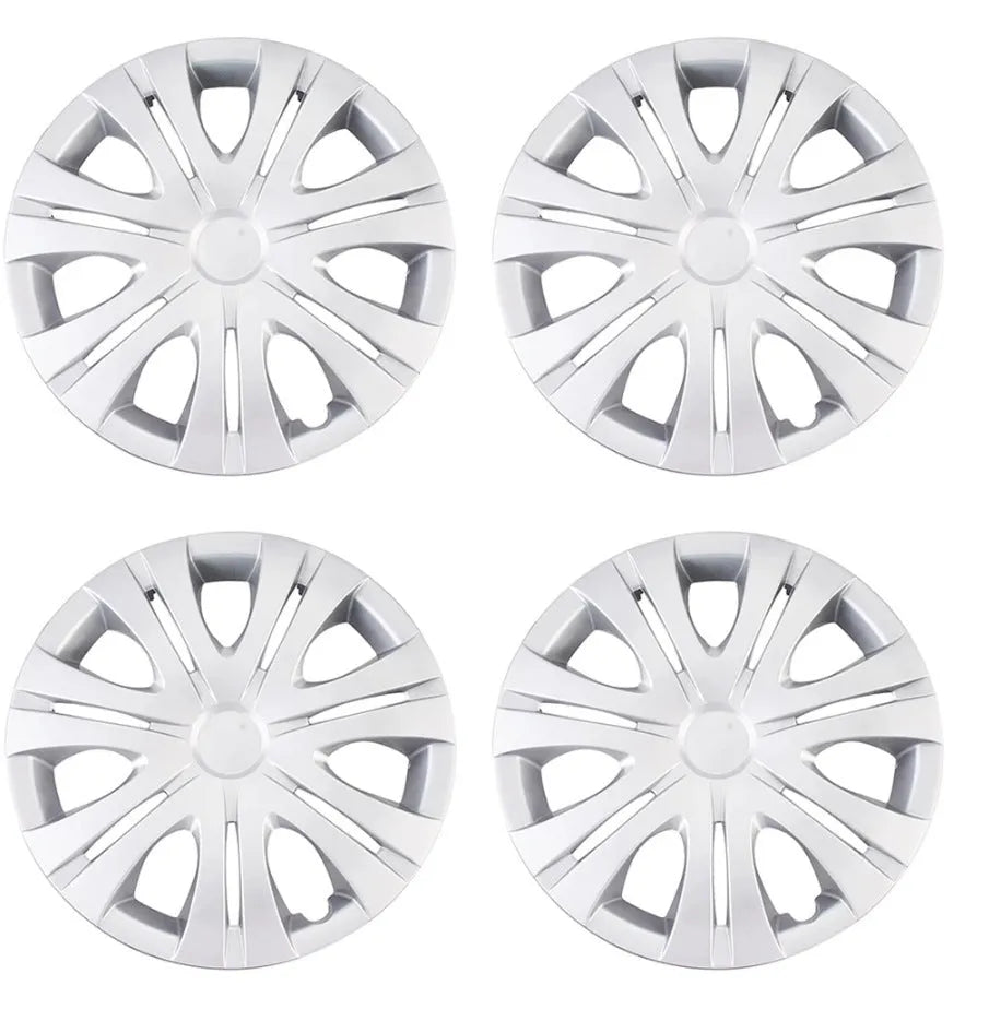 Universal monochrome ABS plastic wheel hub cover in silver finish, shown next to a black version.