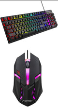 Black portable gaming keyboard with backlit keys and gaming mouse set on desktop