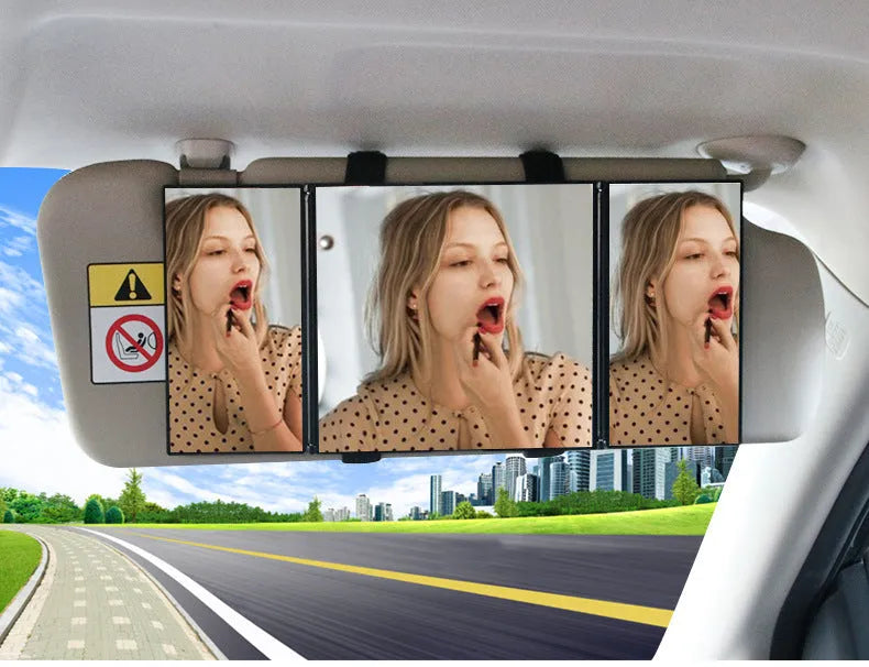Silver car folding makeup mirror shown closed and open with dimensions 15.5x14cm and 30.5x14cm