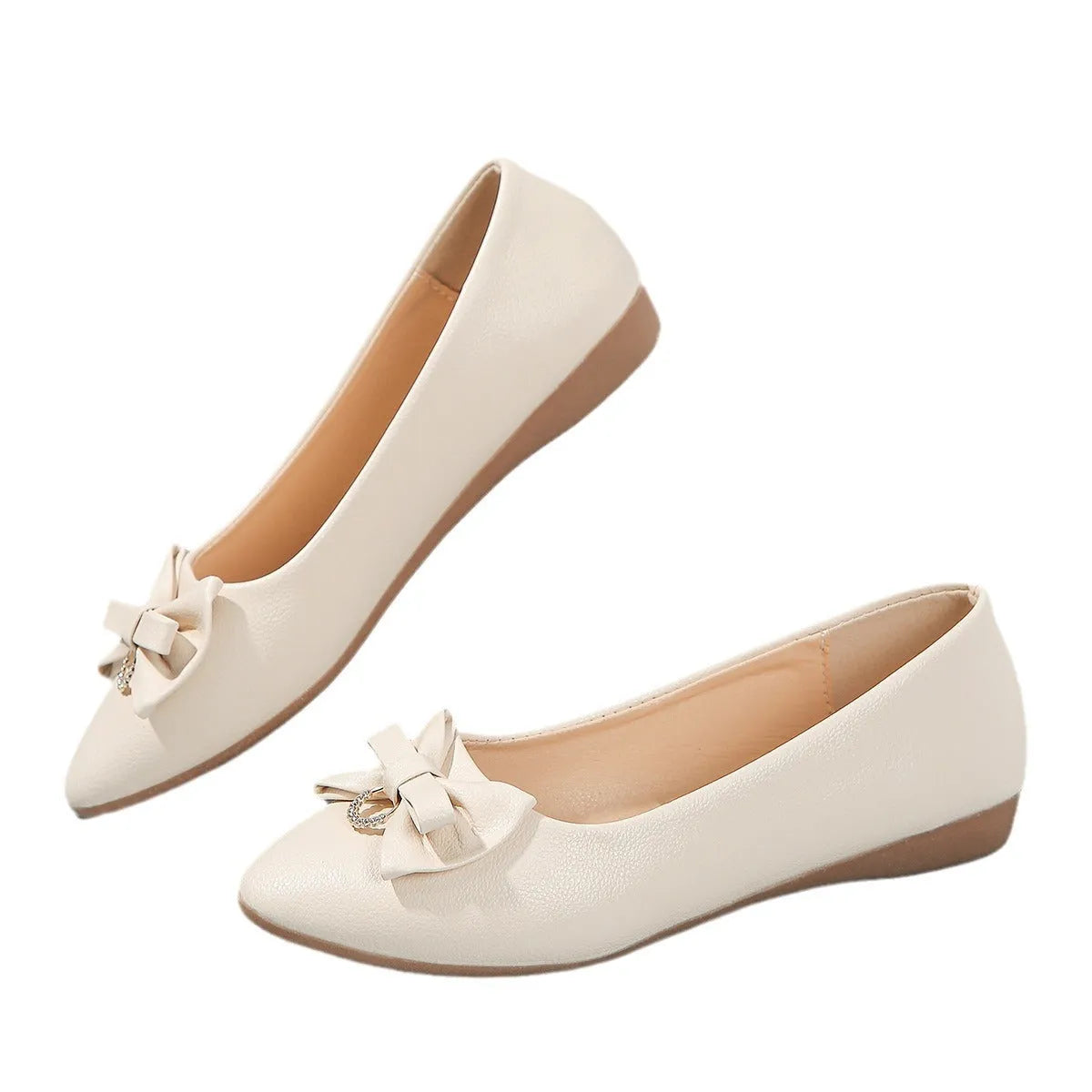 Women's beige flat casual slip-on loafers with a bow knot and shallow mouth design.