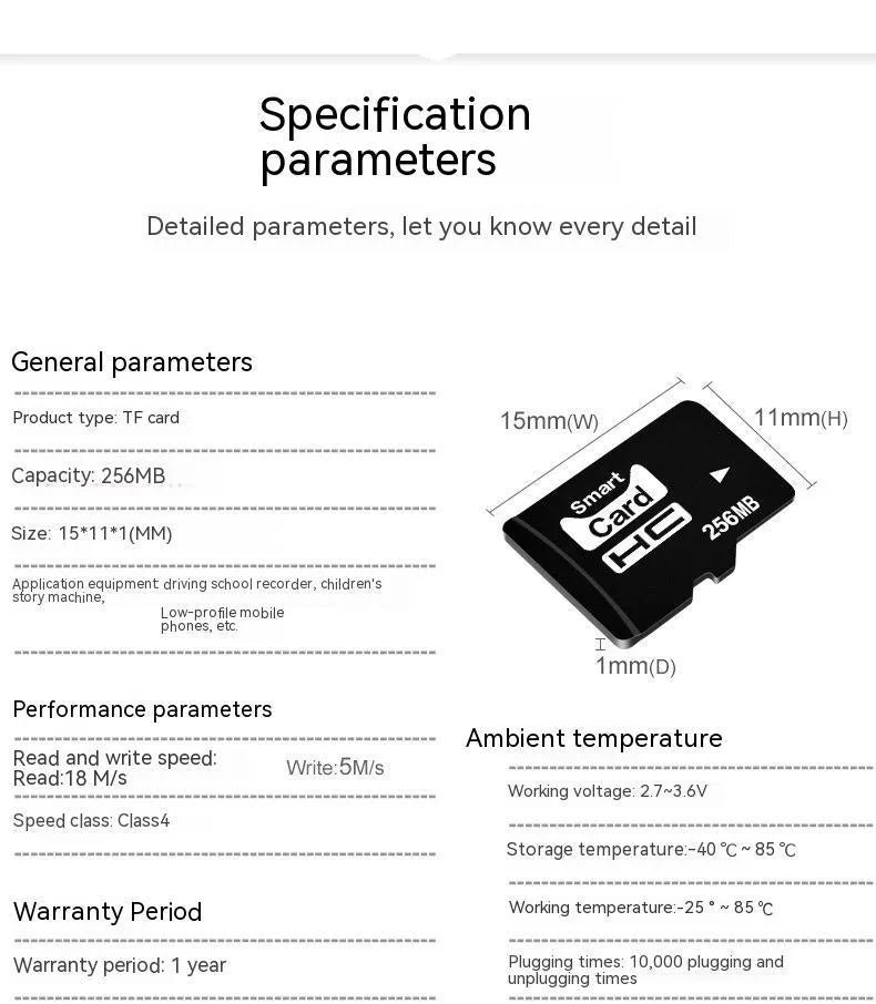 256MB TF memory card with packaging, shown next to compatible devices like an MP3 player and camera.