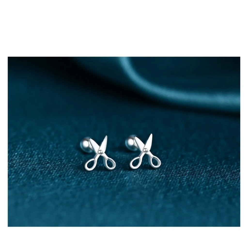 Pure silver screw-style ear nails with miniature scissors design jewellery