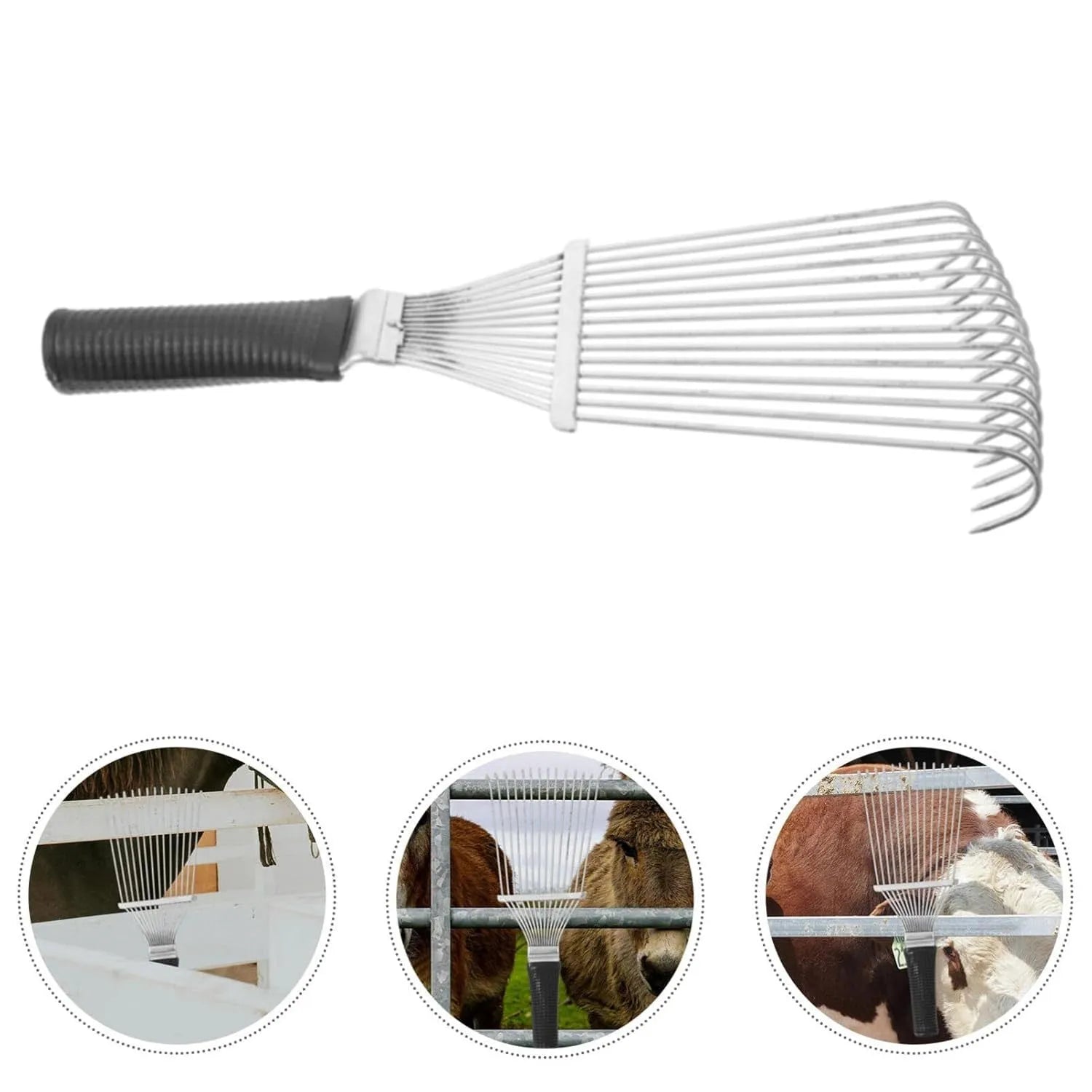 Black stainless steel pet grooming comb rake tool, 33cm long, for horses and dogs