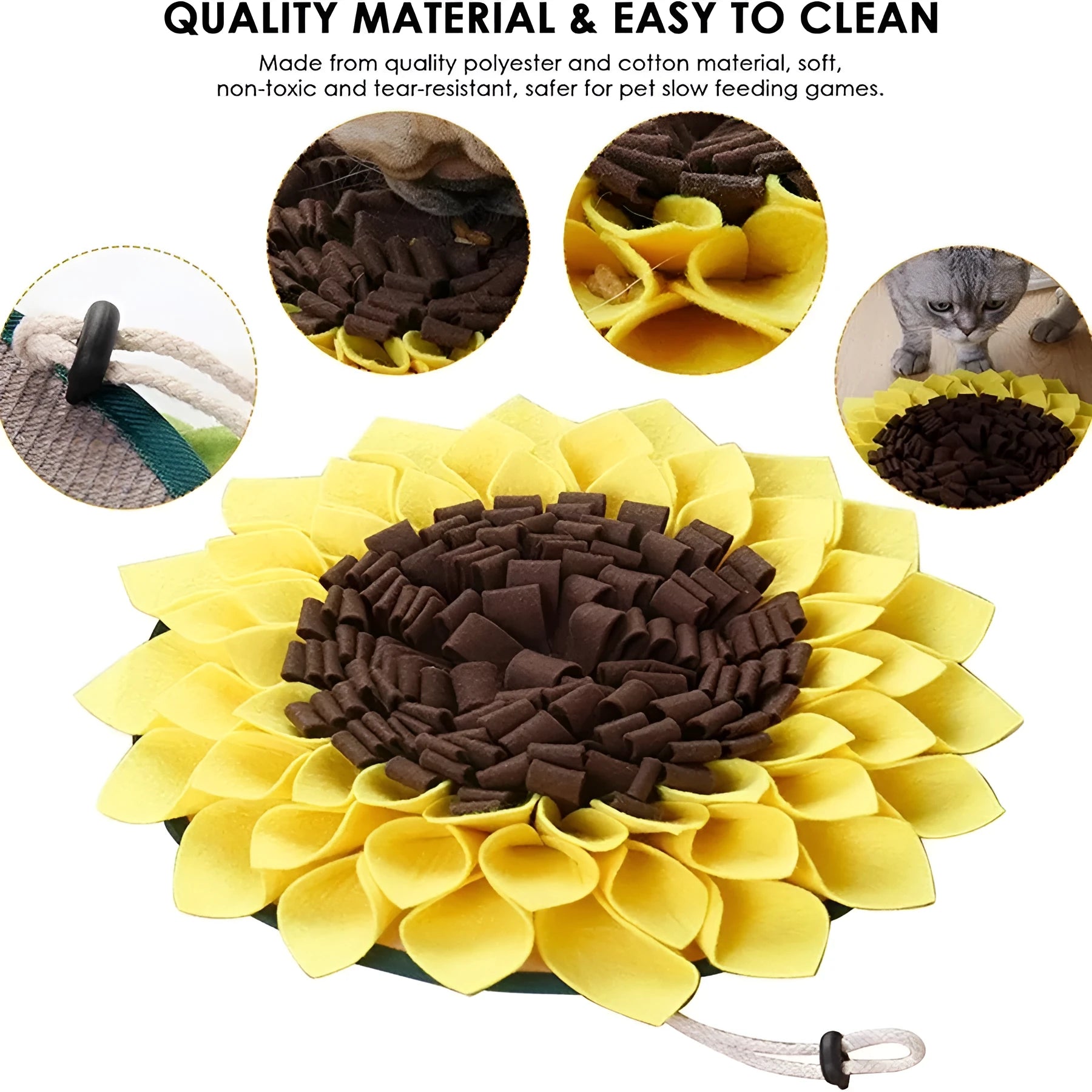 Yellow sunflower-shaped dog snuffle mat with fabric layers for hiding treats during nosework training