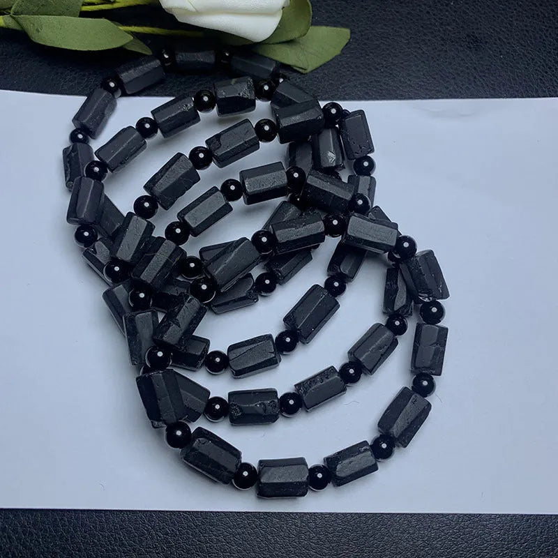 Black tourmaline rough stone bracelet with natural crystal beads on stretchy elastic cord