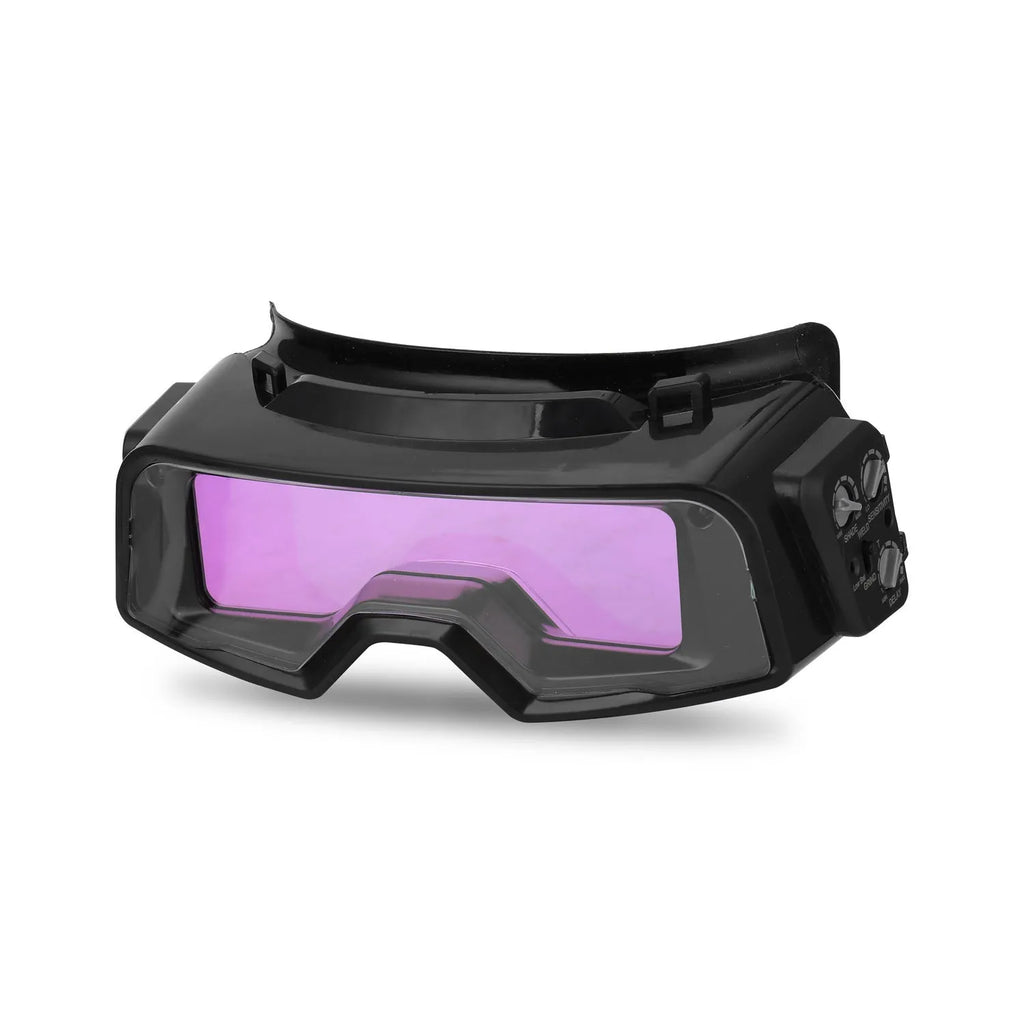 Black automatic darkening welding mask with large viewing lens and headstrap.