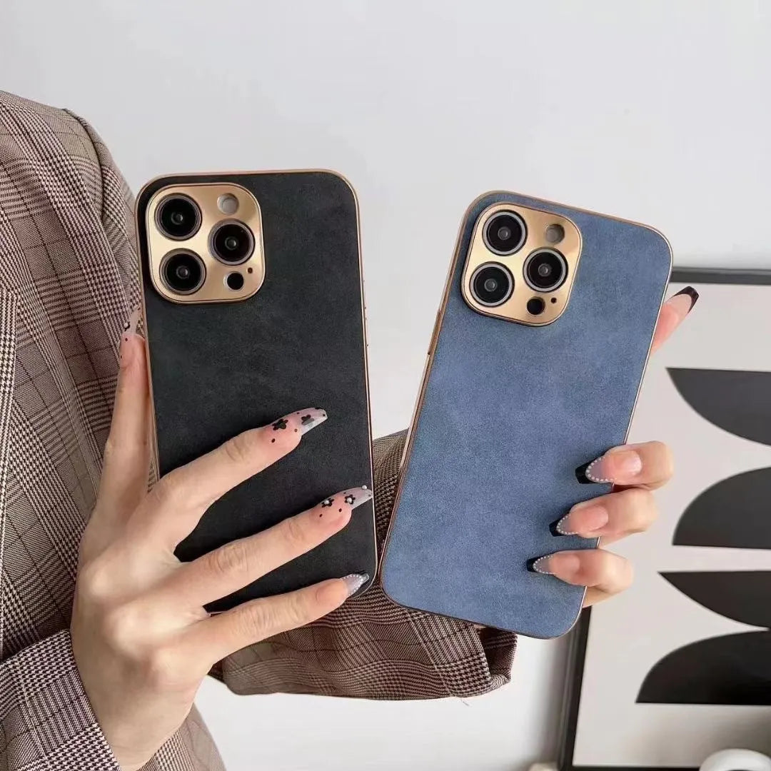 Leather-textured TPU phone case for iPhone in solid black, blue, grey, or grey-green colour.