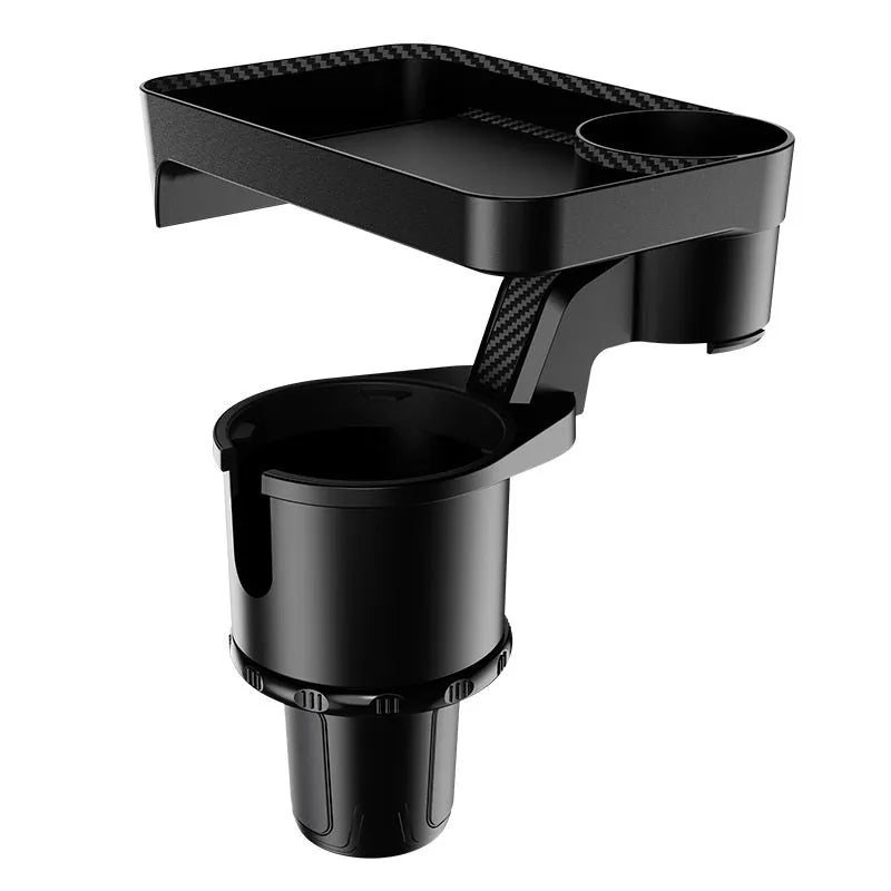Black car dinner tray holder with 360-degree rotating mechanism mounted in vehicle cup holder