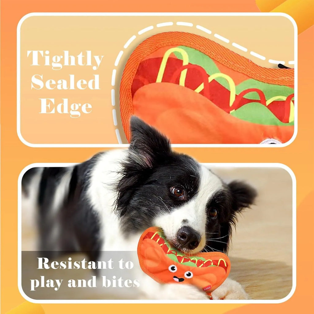 Four colourful dog toys shaped like hamburger, fries, hot dog and pizza with crinkle and squeak features
