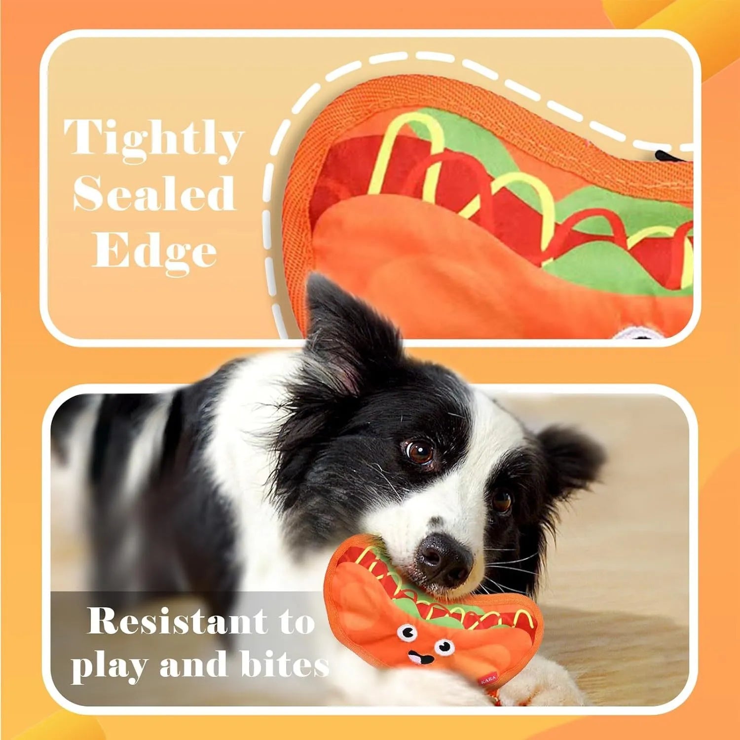 Four colourful dog toys shaped like hamburger, fries, hot dog and pizza with crinkle and squeak features