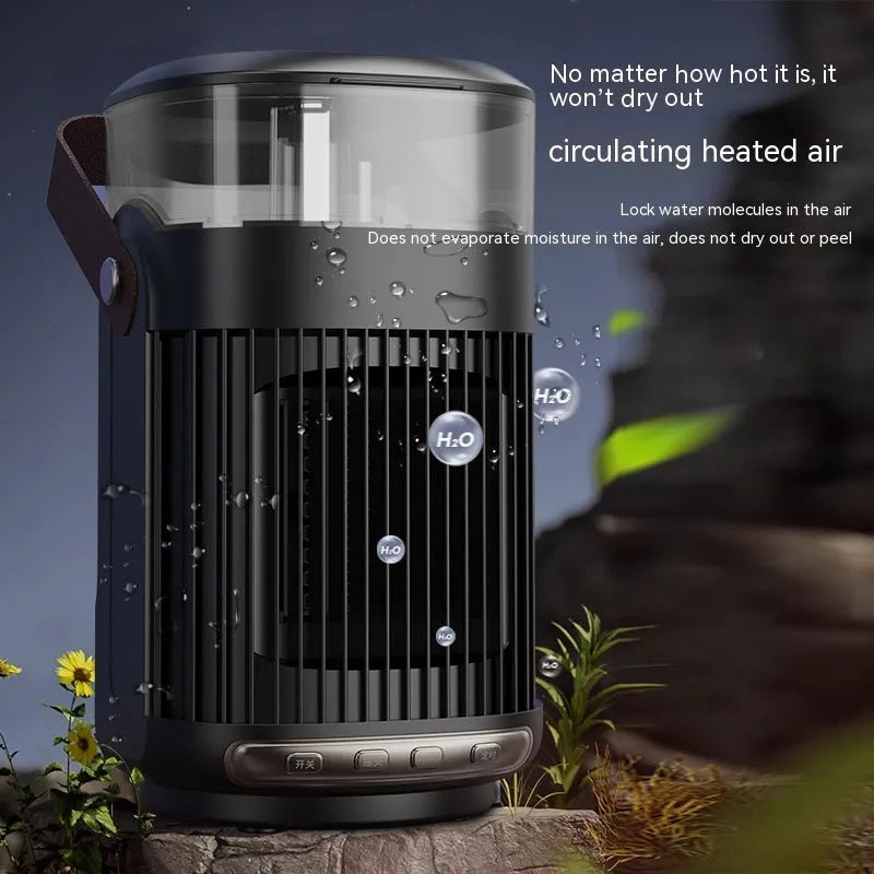 Black portable PTC heater with humidifier, showing front control panel, dimensions 24x13x13cm.