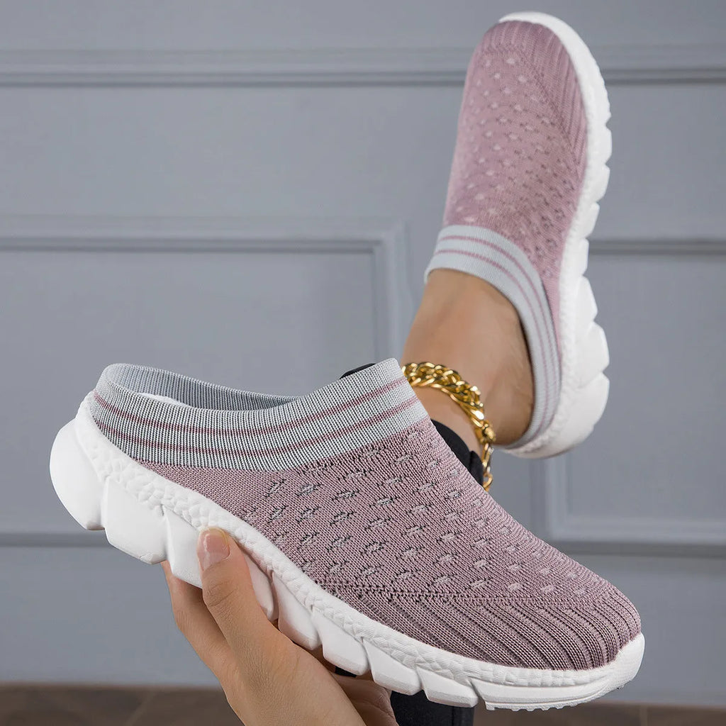 Women's black Flyknit height-increasing slipper shoes with striped pattern and hollowed-out breathable design