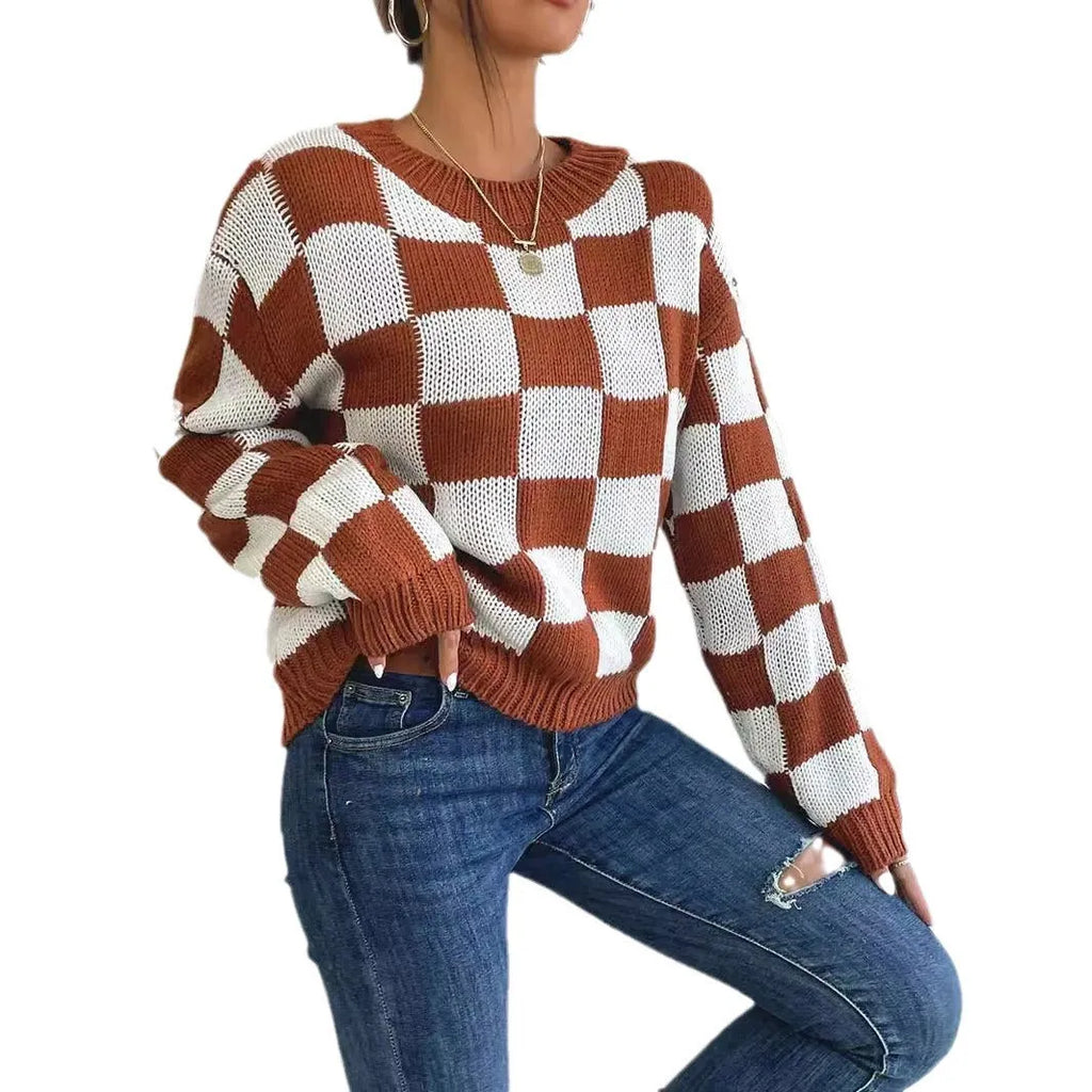 Dark brown chessboard plaid acrylic pullover sweater with round neck and long sleeves