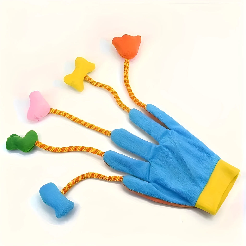 Yellow and blue plush cat toy with magic glove design measuring 40 x 11 cm
