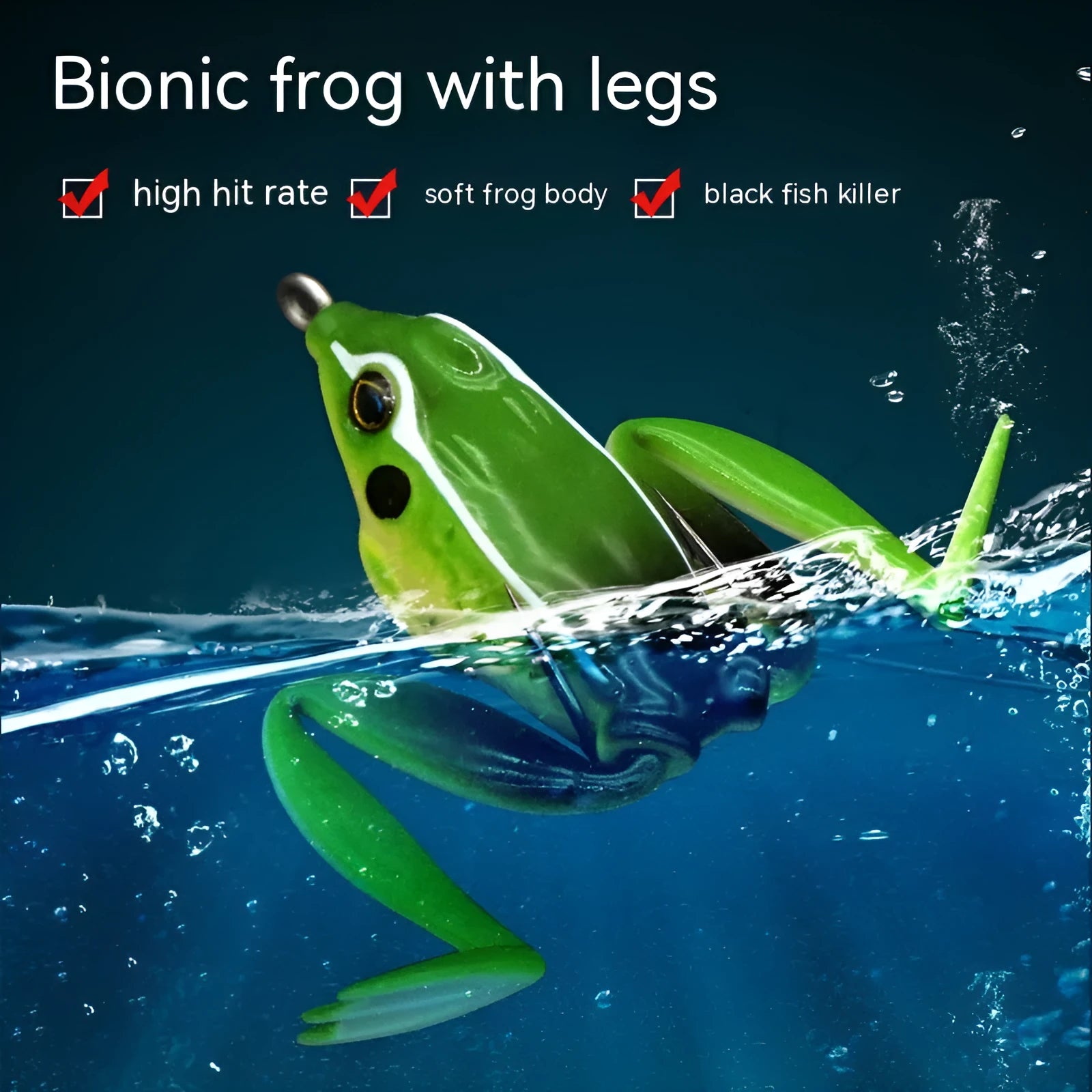 Bionic Real Thunder Frog Snake Head double hook fishing lure in grass green and black yellow dots colours