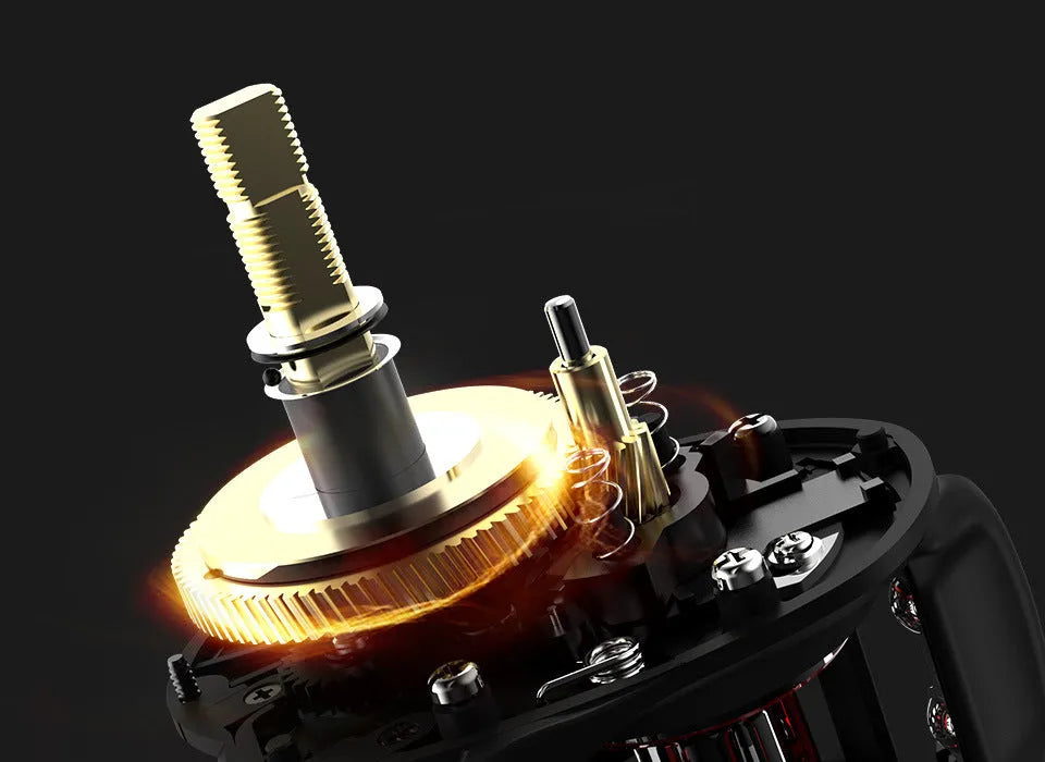 Drip wheel lure fishing reel with rocking wheel line control in left and right hand wheel versions
