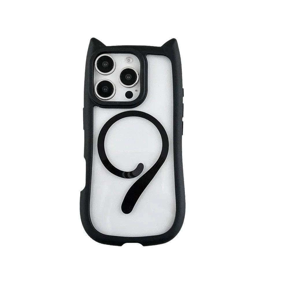 Transparent acrylic TPU iPhone 17 phone case showing magnetic suction and shockproof protection features