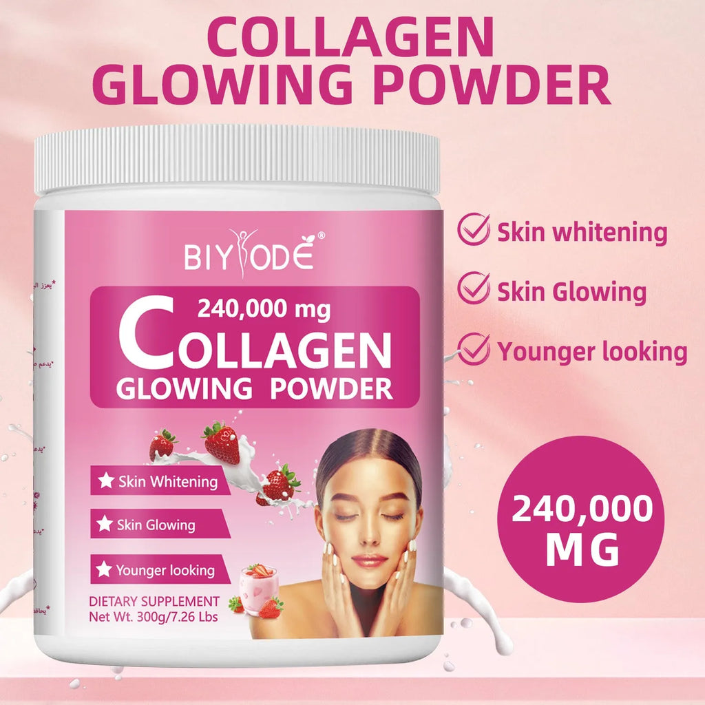 Collagen glowing powder herbal supplement drink mix for skin brightening and joint strength, 30 servings