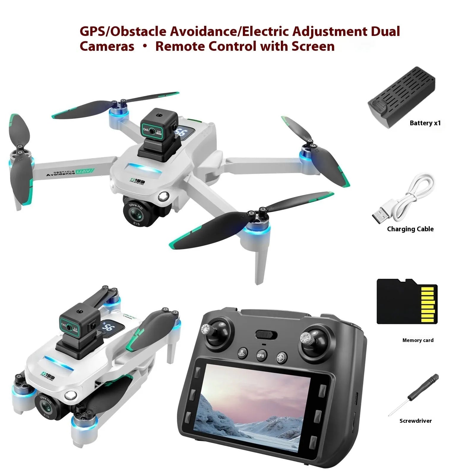 S159 GPS UAV drone with HD camera, black colour, plastic body, obstacle avoidance sensors visible