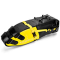 Waterproof PVC bicycle tail bag in yellow showing 13L capacity and mounting straps