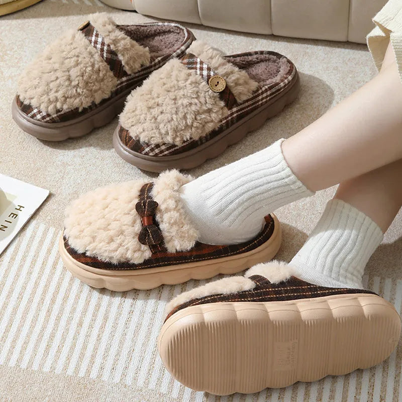 Women's winter plush slippers with bow button, non-slip thick sole, in brown colour