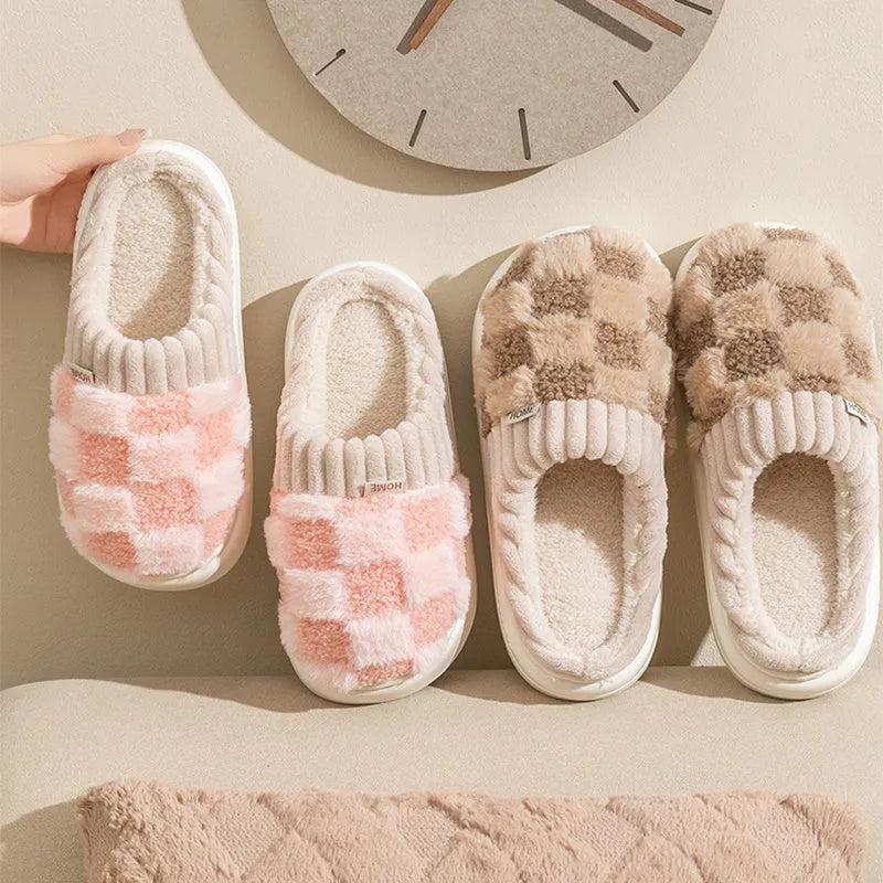 Women's plaid pattern plush slippers with a non-slip PVC sole, shown in a choice of colours.