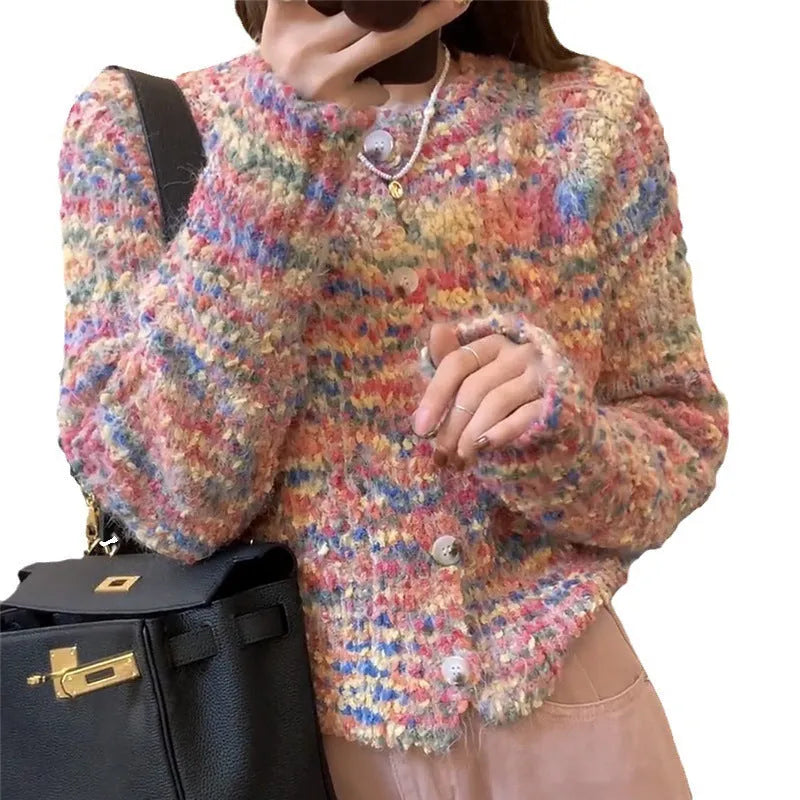 Retro style knitted rainbow sweater cardigan in pink and green ice cream colours