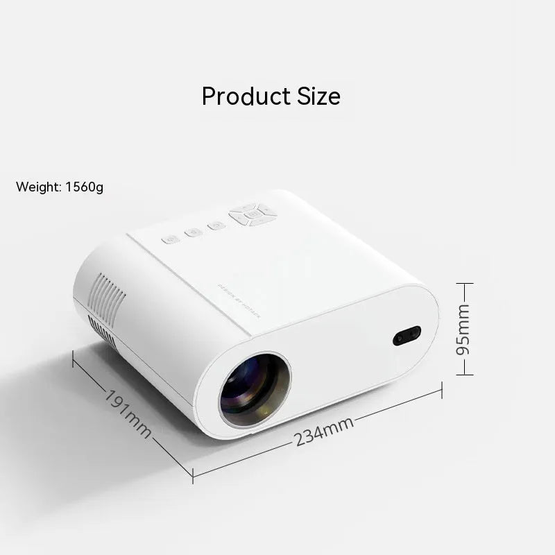 White T07 Full HD 1080p smart Android projector with remote control on a table.