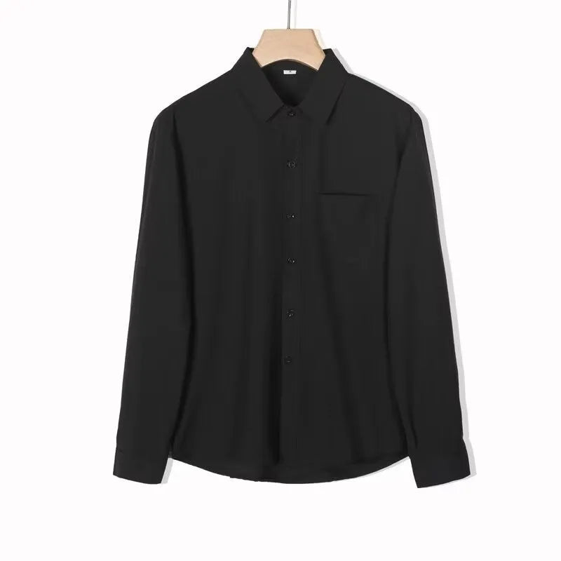 Korean-style linen long-sleeved shirt for men in loose fit, available in six solid colours including black and white