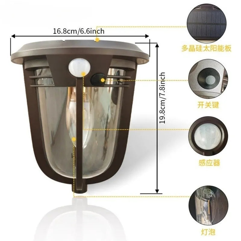 European retro solar wall lamp with IP55 rating for outdoor courtyard lighting, 169*192.2*83mm size, 2 pack